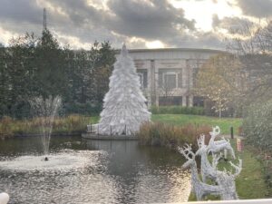 Outdoor Christmas sculptures at Bluewater of white Christmas tree and white reindeers