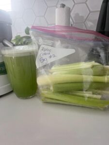 Celery juice and chopped up celery for celery juice detox