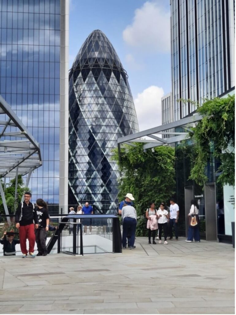 Close up views of The Gherkin from The Garden at 120 Fenchurch Street