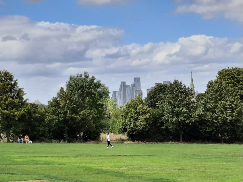 Cluster views of London city skyline from Brixton’s Brockwell Park