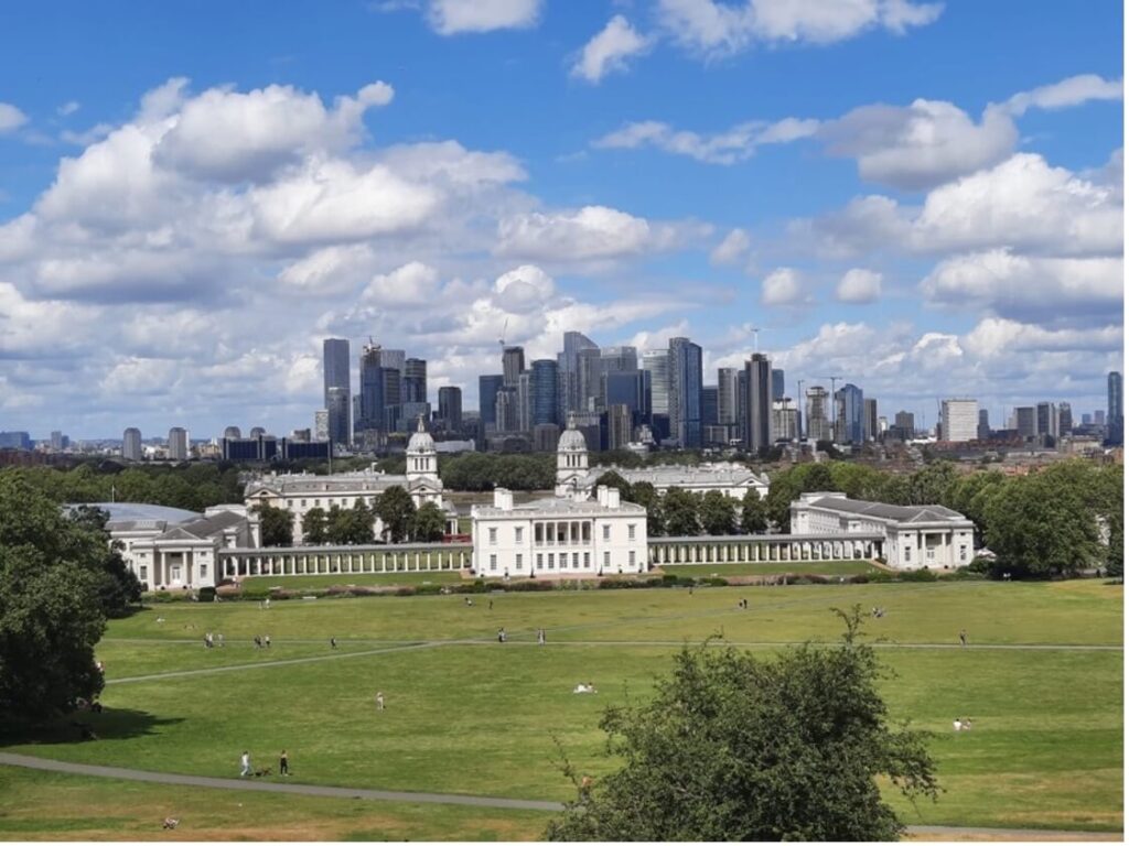 Views of London skyline from the Royal Observatory in Greenwich Park as one of best free views of London