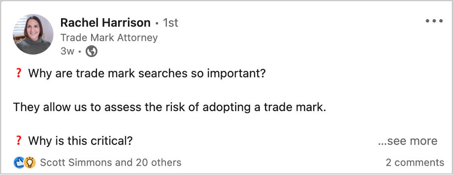 Rachel Harrison Trademark lawyer LinkedIn post on importance of trade mark searches